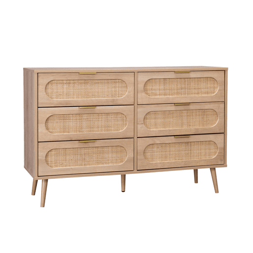 Cómoda em madeira e cana arredondada, 6 gavetas, Eva, Natural, 120x39x79 cm