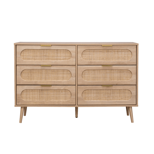 Cómoda em madeira e cana arredondada, 6 gavetas, Eva, Natural, 120x39x79 cm