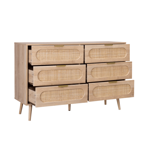 Cómoda em madeira e cana arredondada, 6 gavetas, Eva, Natural, 120x39x79 cm