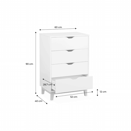 Cómoda com efeito de madeira e 4 gavetas, Floki, Branco, 60x40x90 cm Cómoda com efeito de madeira e 4 gavetas, Floki, Branco, 60x40x90 cm