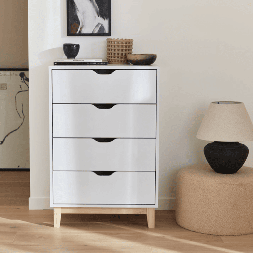 Cómoda com efeito de madeira e 4 gavetas, Floki, Branco, 60x40x90 cm Cómoda com efeito de madeira e 4 gavetas, Floki, Branco, 60x40x90 cm