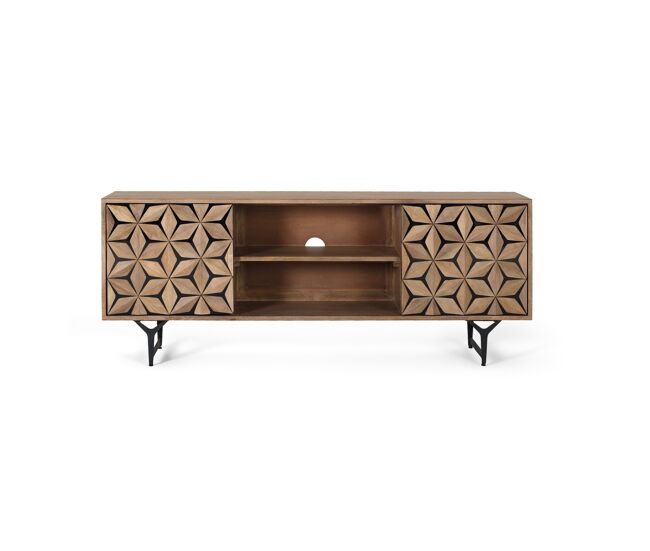 Mueble TV con 2 puertas y 2 estantes en madera de mango 57x147x38