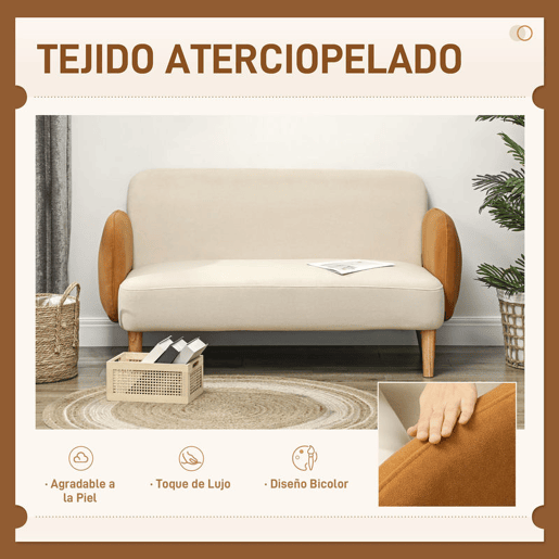 HOMCOM Sofá de 2 Lugares Estofado em Veludo Sofá de Sala de Estar com Apoio para os Braços e Pés de Madeira Sofá Pequeno Carga 240 kg para Dormitório Escritório 130x74x76 cm Bege e Ocre
