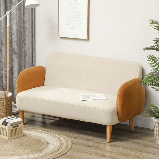 HOMCOM Sofá de 2 Lugares Estofado em Veludo Sofá de Sala de Estar com Apoio para os Braços e Pés de Madeira Sofá Pequeno Carga 240 kg para Dormitório Escritório 130x74x76 cm Bege e Ocre