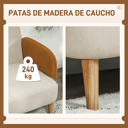 HOMCOM Sofá de 2 Lugares Estofado em Veludo Sofá de Sala de Estar com Apoio para os Braços e Pés de Madeira Sofá Pequeno Carga 240 kg para Dormitório Escritório 130x74x76 cm Bege e Ocre