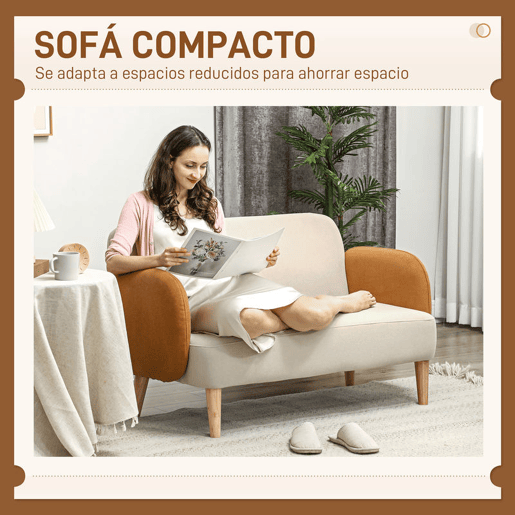 HOMCOM Sofá de 2 Lugares Estofado em Veludo Sofá de Sala de Estar com Apoio para os Braços e Pés de Madeira Sofá Pequeno Carga 240 kg para Dormitório Escritório 130x74x76 cm Bege e Ocre