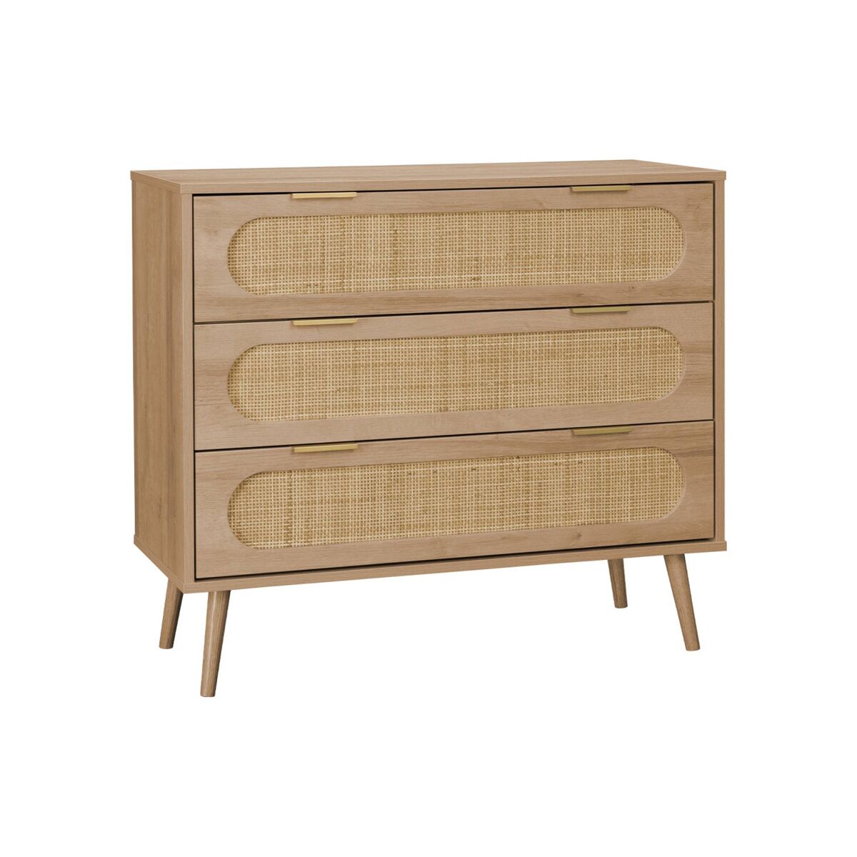 Cómoda con efecto madera y caña redondeada, 3 cajones