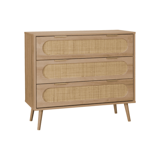 Cómoda com efeito madeira e cana arredondada de 3 gavetas, Eva, Natural, 90x39x79 cm
