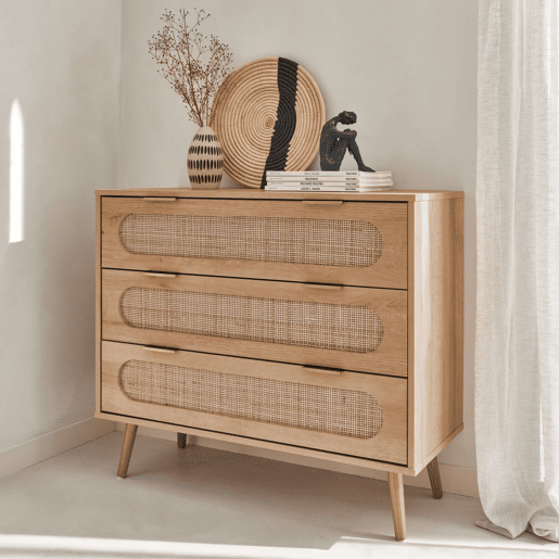 Cómoda com efeito madeira e cana arredondada de 3 gavetas, Eva, Natural, 90x39x79 cm