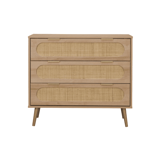 Cómoda com efeito madeira e cana arredondada de 3 gavetas, Eva, Natural, 90x39x79 cm