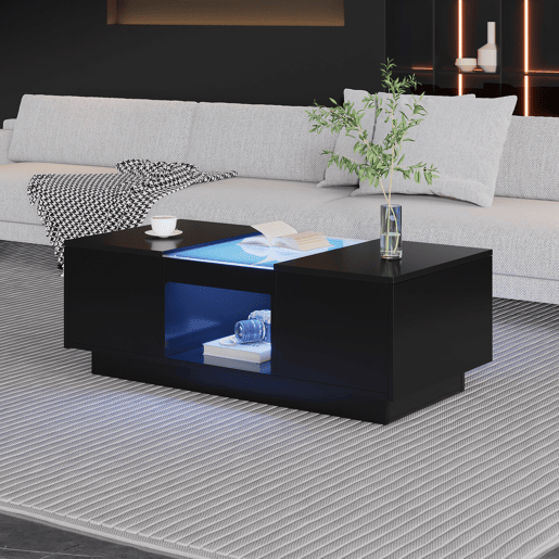 Mesa de centro retangular de painel de partículas com 2 gavetas e luz LED,preto