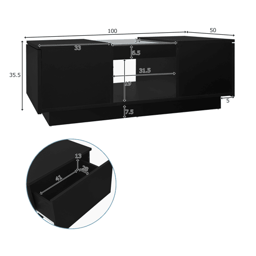 Mesa de centro retangular de painel de partículas com 2 gavetas e luz LED,preto