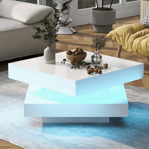 Mesa de centro giratória quadrada de placa de partículas com luz LED,branco Mesa de centro giratória quadrada de placa de partículas com luz LED,branco