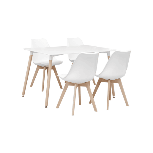 Mesa de jantar escandinava com pernas de madeira e 4 cadeiras, Hedvig, Branco, 120x80x75 cm