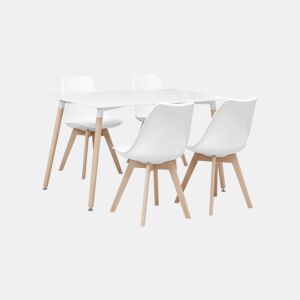 Mesa de jantar escandinava com pernas de madeira e 4 cadeiras, Hedvig, Branco, 120x80x75 cm