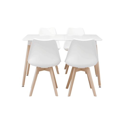 Mesa de jantar escandinava com pernas de madeira e 4 cadeiras, Hedvig, Branco, 120x80x75 cm
