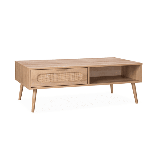 Mesa de centro escandinava em cana arredondada, 1 gaveta, Eva, Natural, 110x59x39 cm