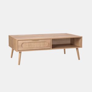 Mesa de centro escandinava em cana arredondada, 1 gaveta, Eva, Natural, 110x59x39 cm