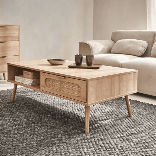 Mesa de centro escandinava em cana arredondada, 1 gaveta, Eva, Natural, 110x59x39 cm