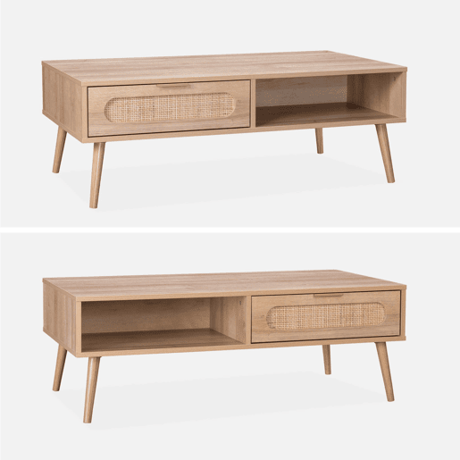 Mesa de centro escandinava em cana arredondada, 1 gaveta, Eva, Natural, 110x59x39 cm