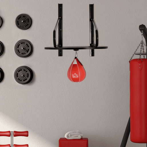 HOMCOM Pera de Boxe com Suporte de Parede Punching Ball para Boxe com Plataforma Ajustável em Altura Suporte Giratório e Insuflador 60x73x80 cm Vermelho e Preto