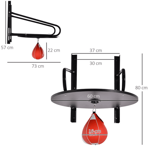 HOMCOM Pera de Boxe com Suporte de Parede Punching Ball para Boxe com Plataforma Ajustável em Altura Suporte Giratório e Insuflador 60x73x80 cm Vermelho e Preto