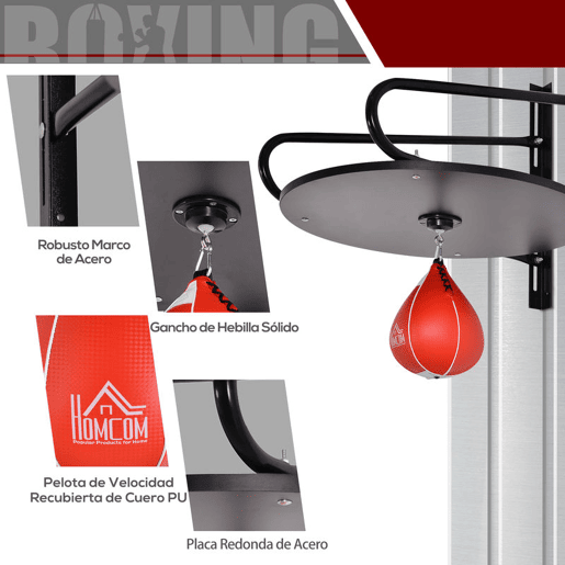 HOMCOM Pera de Boxe com Suporte de Parede Punching Ball para Boxe com Plataforma Ajustável em Altura Suporte Giratório e Insuflador 60x73x80 cm Vermelho e Preto