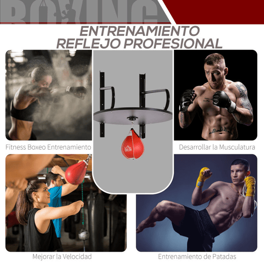 HOMCOM Pera de Boxe com Suporte de Parede Punching Ball para Boxe com Plataforma Ajustável em Altura Suporte Giratório e Insuflador 60x73x80 cm Vermelho e Preto