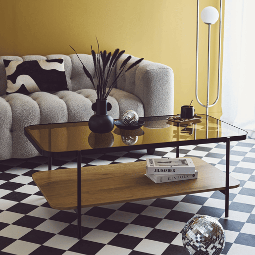 Mesa de centro vintage de metal preto com tampo de vidro, Smooky, Natural, 120x64x45 cm