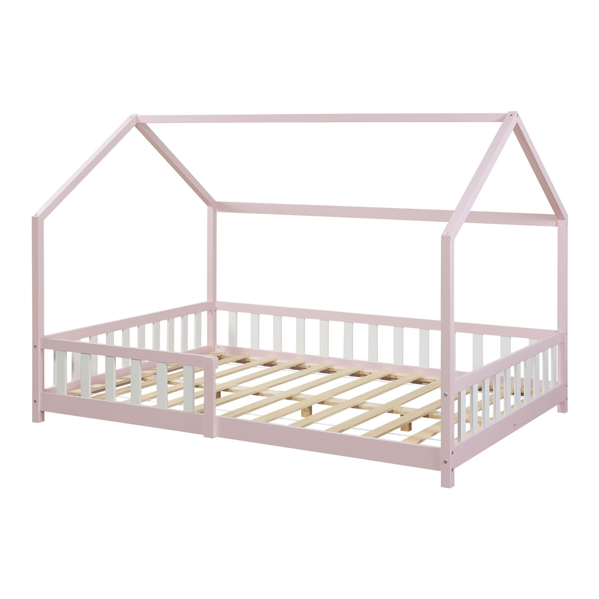 Cama infantil Hesel en forma de casa pino con reja [en.casa] 205x146 Rosa