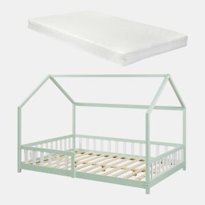 Cama de criança Hesel em forma de casa com grelha e colchão 140x200cm - Verde menta en.casa