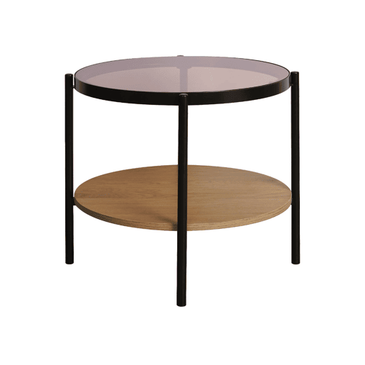 Mesa lateral redonda em vidro temperado, efeito de madeira, Smooky, Natural, 52x52x45 cm