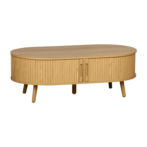 Mesa de centro com portas de correr e compartimentos efeito de madeira, Legacy, Natural, 110x59x39 cm