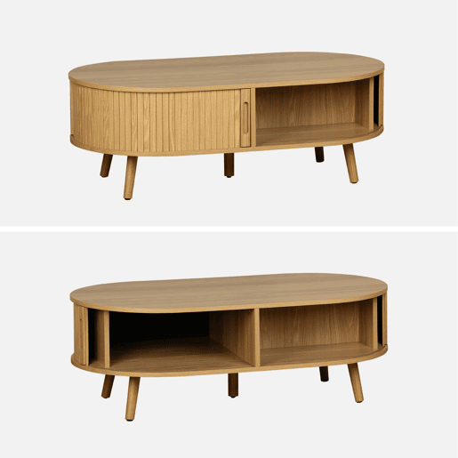 Mesa de centro com portas de correr e compartimentos efeito de madeira, Legacy, Natural, 110x59x39 cm