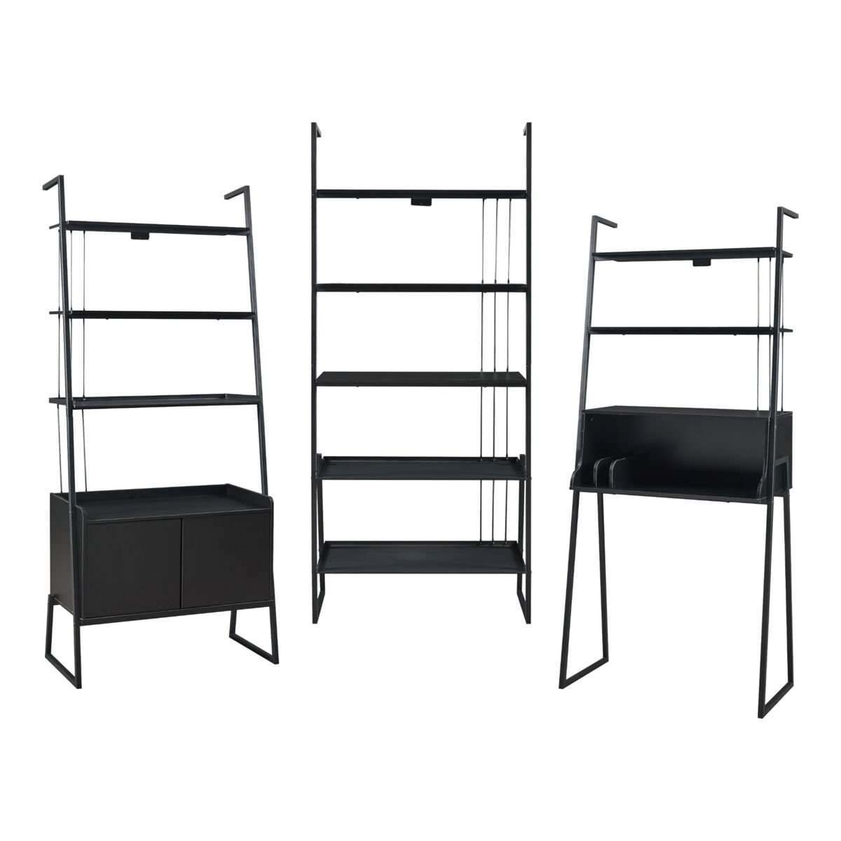 Set de muebles 'storfjord' 3 piezas: 1x escritorio y 2x estanterías escaleras metal - negro [en.casa]
