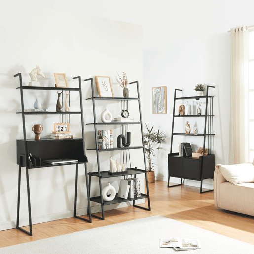 Conjunto de móveis 'Storfjord' 3 peças: 1x secretária 2x prateleiras metálicas em escada - Preto en.casa