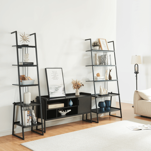 Conjunto de móveis 'Storfjord' 3 peças: 2x prateleiras em escada 1x mesa de TV em metal - Preto en.casa