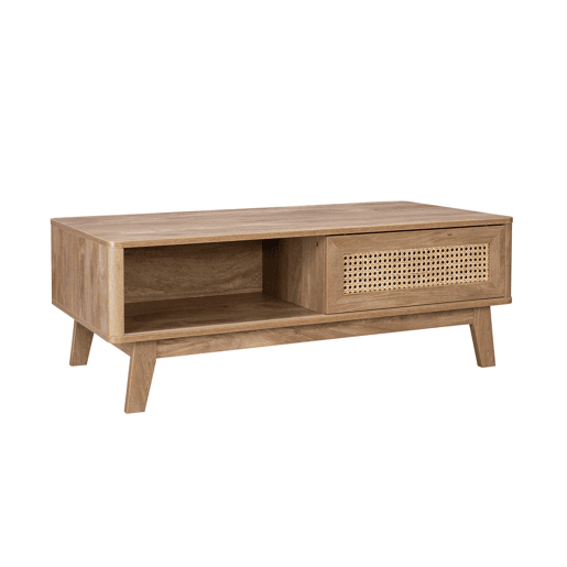 Mesa de centro com 2 nichos, 1 porta de correr, efeito madeira e cana, pés em eucalipto