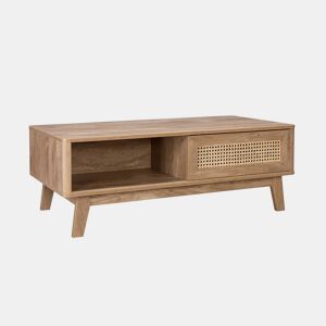 Mesa de centro com 2 nichos, 1 porta de correr, efeito madeira e cana, pés em eucalipto