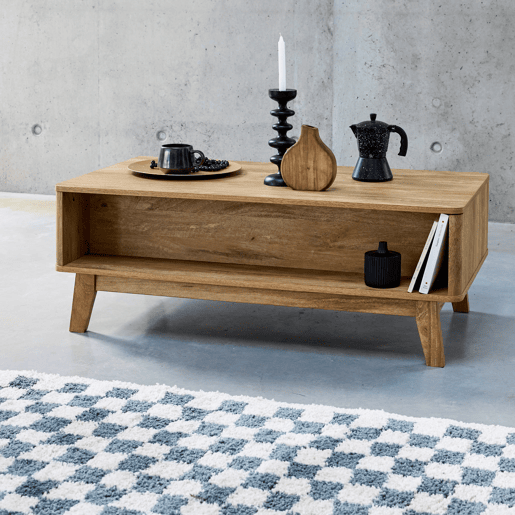 Mesa de centro com 2 nichos, 1 porta de correr, efeito madeira e cana, pés em eucalipto