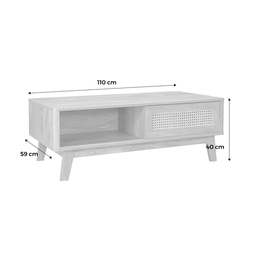 Mesa de centro com 2 nichos, 1 porta de correr, efeito madeira e cana, pés em eucalipto