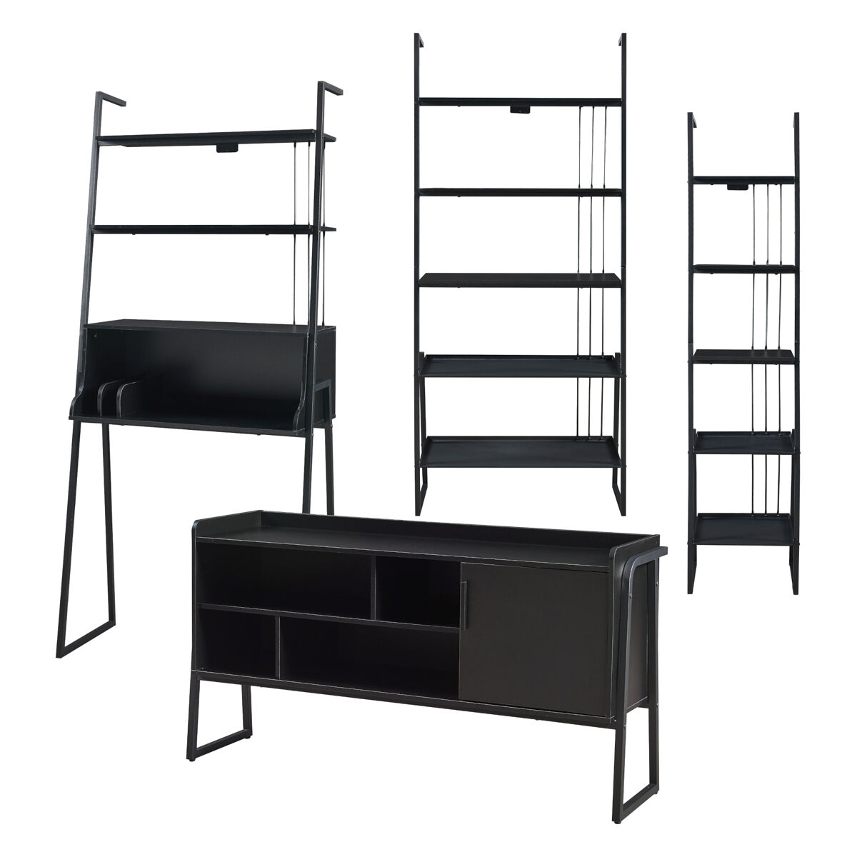 Set de muebles 'storfjord' 4 piezas: 1x escritorio, 2x estanterías escaleras 1x mesa tv metal - negro [en.casa]