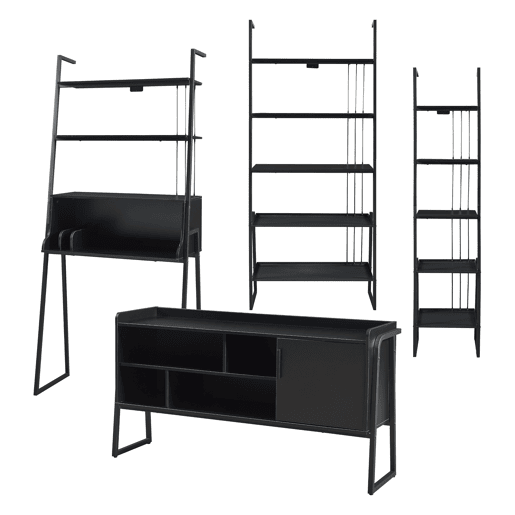 Conjunto de móveis 'Storfjord' 4 peças: 1x secretária, 2x prateleiras em escada 1x mesa de TV em metal - Preto en.casa