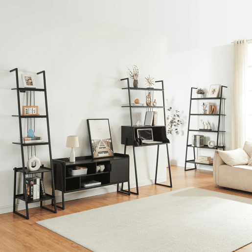 Conjunto de móveis 'Storfjord' 4 peças: 1x secretária, 2x prateleiras em escada 1x mesa de TV em metal - Preto en.casa