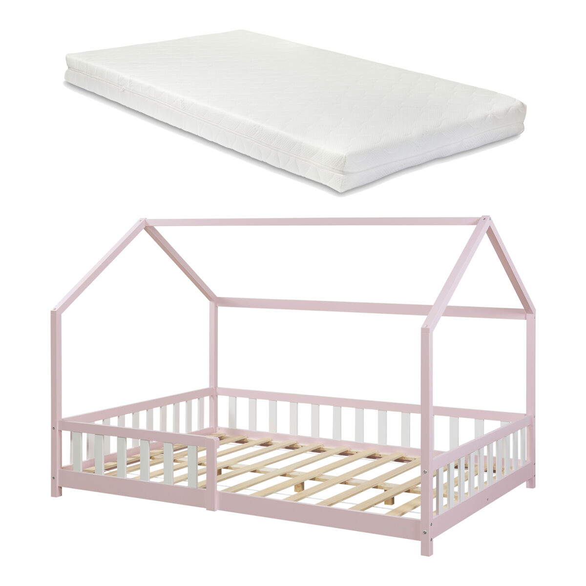 Cama infantil Hesel en forma de casa con reja y colchón [en.casa] 205x126 Rosa