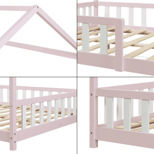 Cama de criança Hesel em forma de casa com grelha e colchão 120x200cm - Rosa en.casa