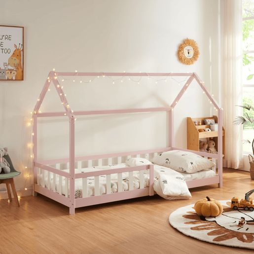 Cama de criança Hesel em forma de casa de pinho com grelha 90x200cm - Rosa en.casa