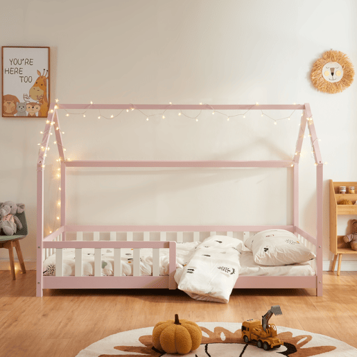 Cama de criança Hesel em forma de casa de pinho com grelha 90x200cm - Rosa en.casa