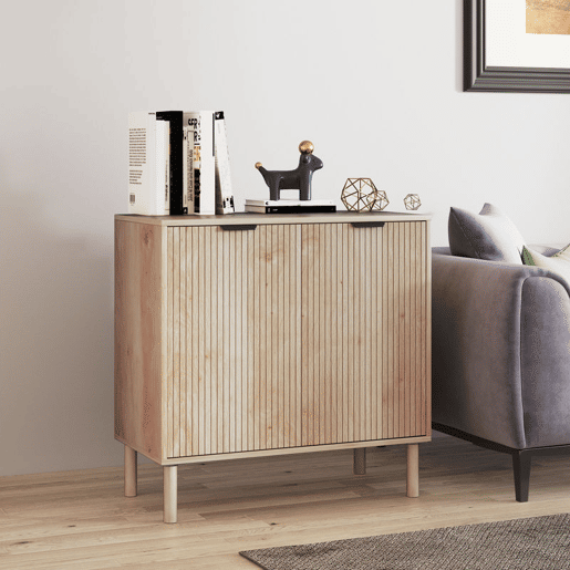 HOMCOM Aparador de Sala de Estar Aparador com Prateleira Ajustável 2 Portas Sistema Anti-Tombo e Pés de Madeira de Pinho para Sala de Jantar Corredor 78x40x77,5 cm Carvalho