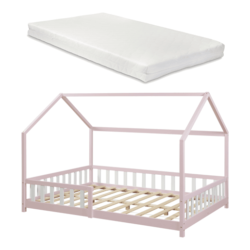 Cama de criança Hesel em forma de casa com grelha e colchão 140x200cm - Rosa en.casa